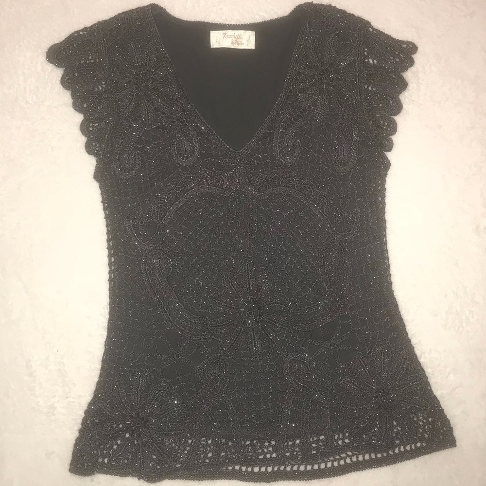 Beaded knit cap sleeve crotchet v neck blouse top